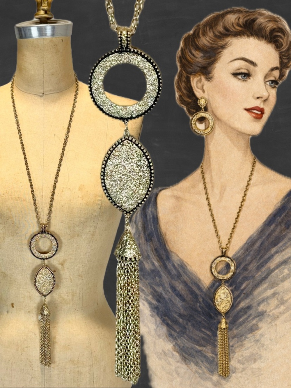 VINTAGE long circle tassel dangle drop statement necklace hammered gold